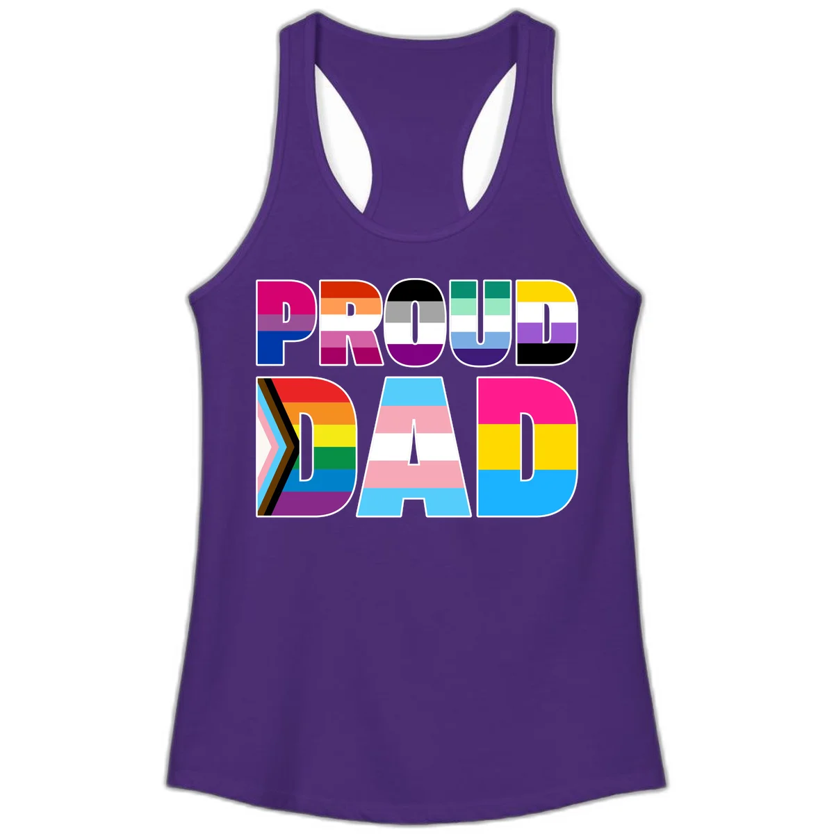 Large colorful letters spelling PROUD DAD filled with LGBTQ+ pride flag stripes including rainbow, trans, intersex, and asexual pride colors in Solid Purple Rush