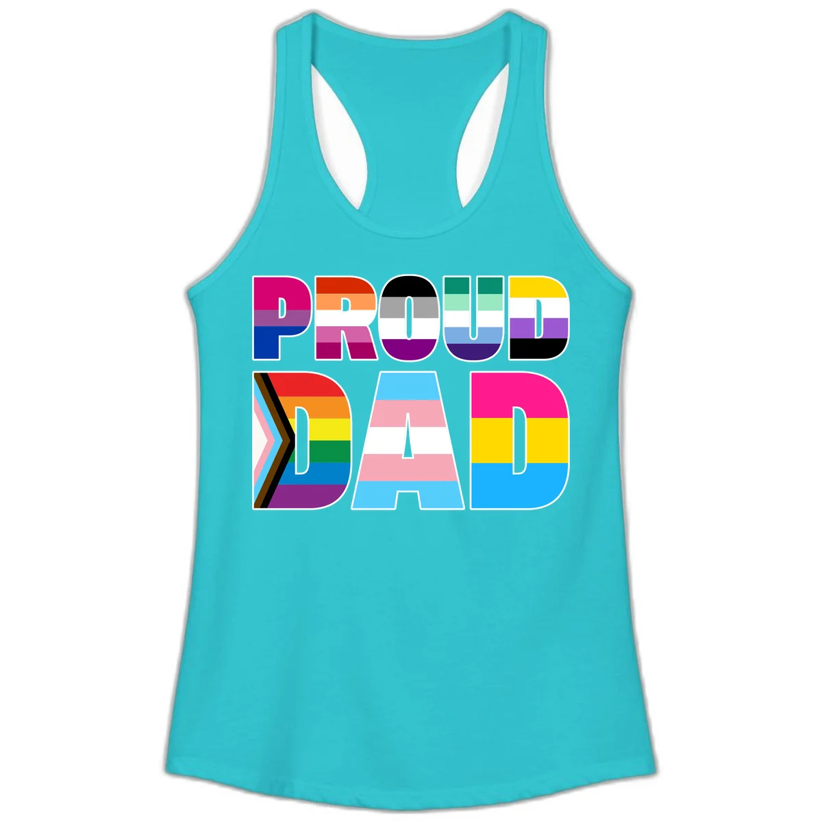 Large colorful letters spelling PROUD DAD filled with LGBTQ+ pride flag stripes including rainbow, trans, intersex, and asexual pride colors in Solid Tahiti Blue