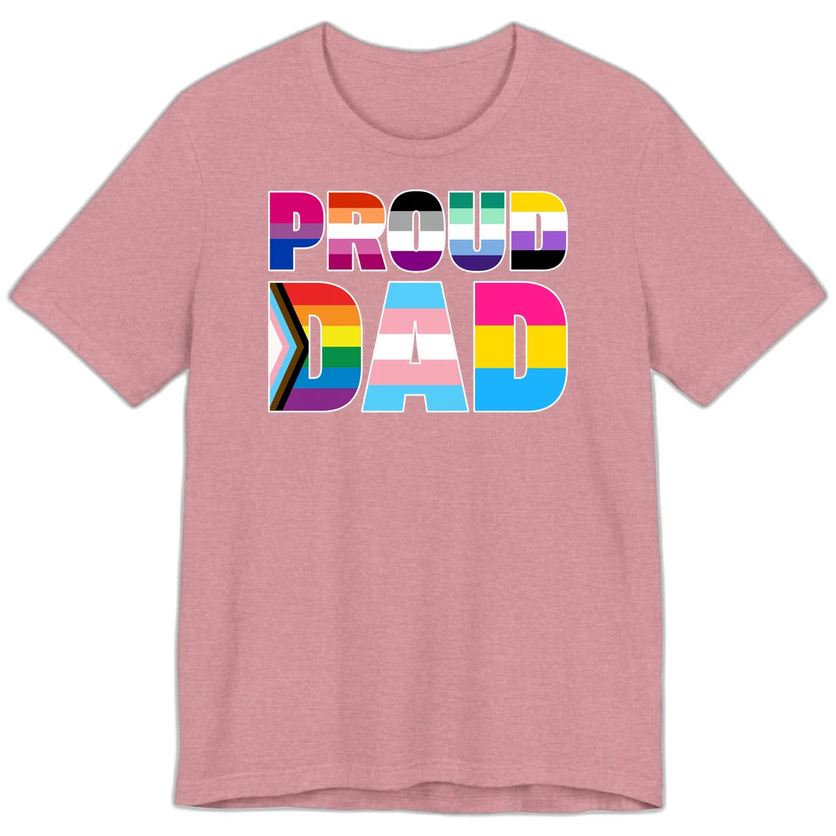 Large colorful letters spelling PROUD DAD filled with LGBTQ+ pride flag stripes including rainbow, trans, intersex, and asexual pride colors in Heather Orchid