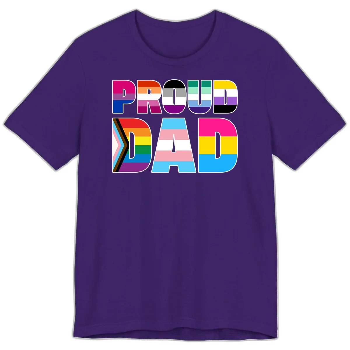 Large colorful letters spelling PROUD DAD filled with LGBTQ+ pride flag stripes including rainbow, trans, intersex, and asexual pride colors in Team Purple