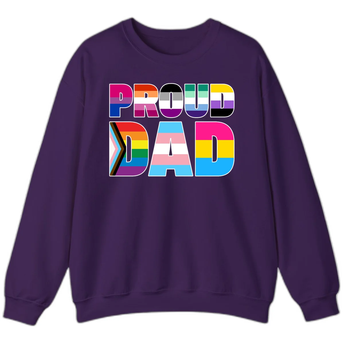 Large colorful letters spelling PROUD DAD filled with LGBTQ+ pride flag stripes including rainbow, trans, intersex, and asexual pride colors in Purple