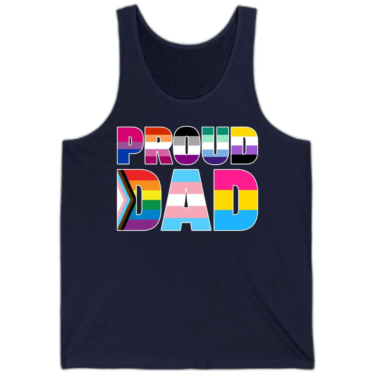Large colorful letters spelling PROUD DAD filled with LGBTQ+ pride flag stripes including rainbow, trans, intersex, and asexual pride colors in Navy