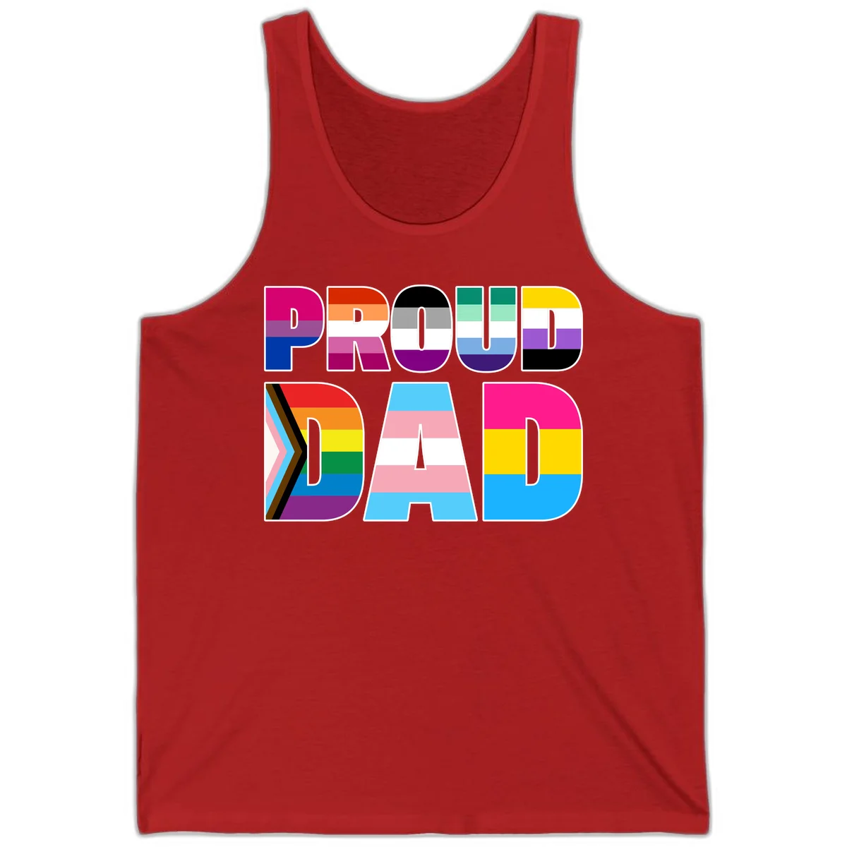 Large colorful letters spelling PROUD DAD filled with LGBTQ+ pride flag stripes including rainbow, trans, intersex, and asexual pride colors in Red