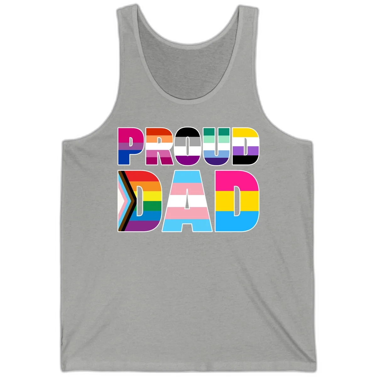 Large colorful letters spelling PROUD DAD filled with LGBTQ+ pride flag stripes including rainbow, trans, intersex, and asexual pride colors in Athletic Heather