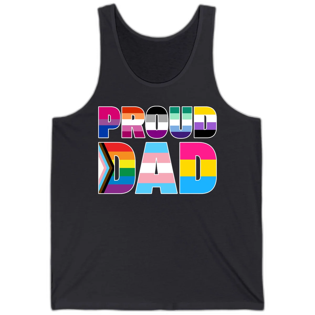 Large colorful letters spelling PROUD DAD filled with LGBTQ+ pride flag stripes including rainbow, trans, intersex, and asexual pride colors in Dark Grey