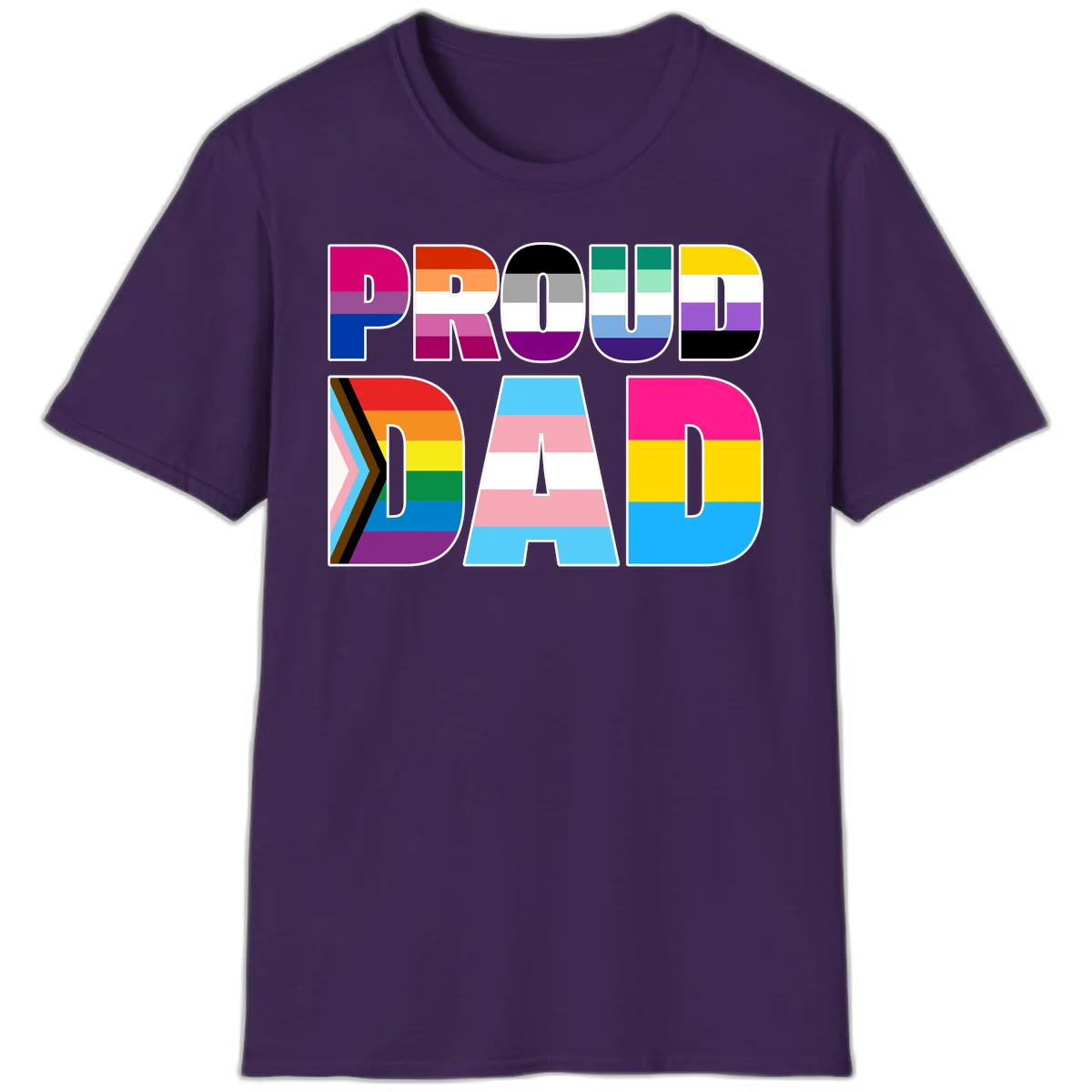 Large colorful letters spelling PROUD DAD filled with LGBTQ+ pride flag stripes including rainbow, trans, intersex, and asexual pride colors in Purple