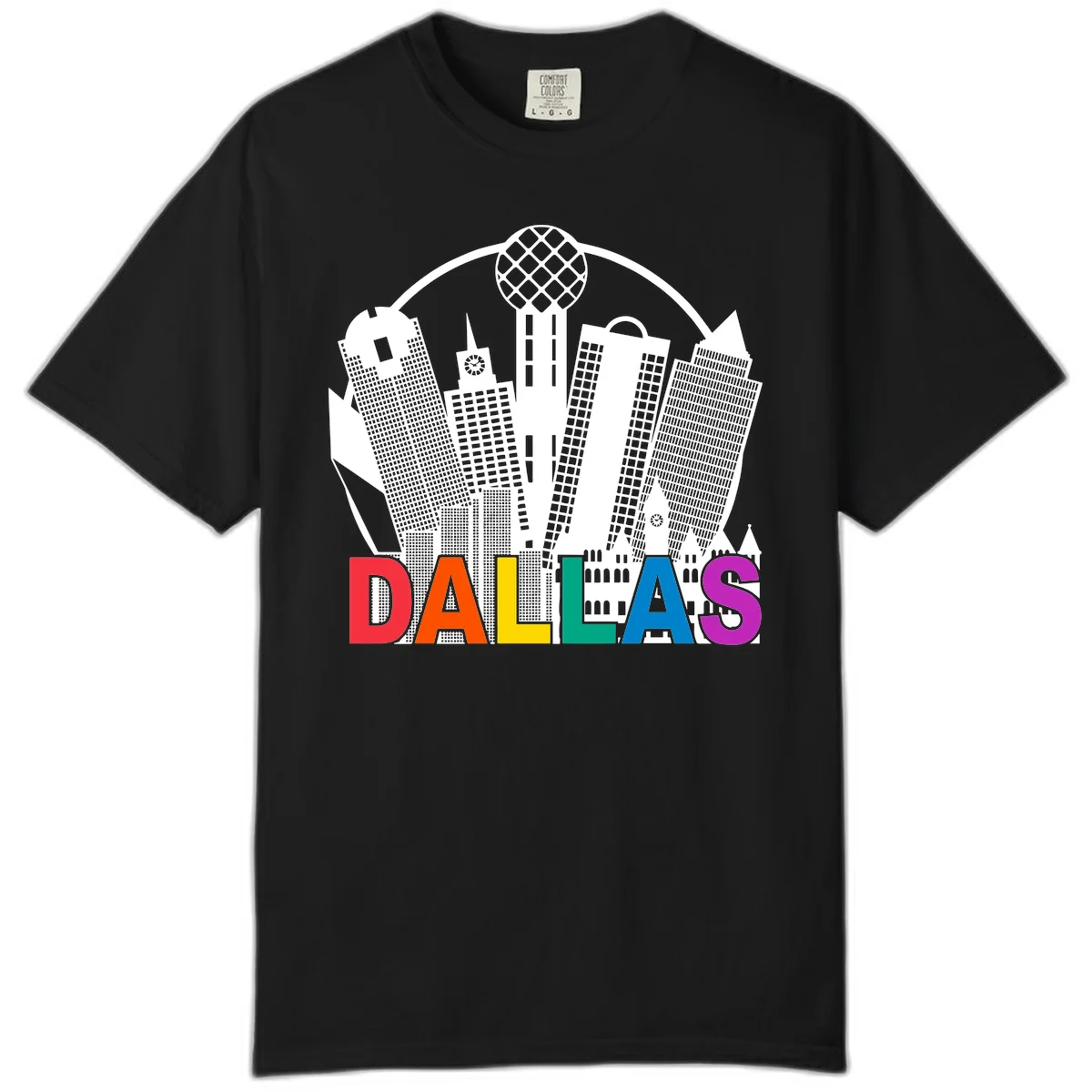 Dallas skyline illustration with Reunion Tower and iconic buildings in white, with 'DALLAS' text in rainbow pride colors below in Black