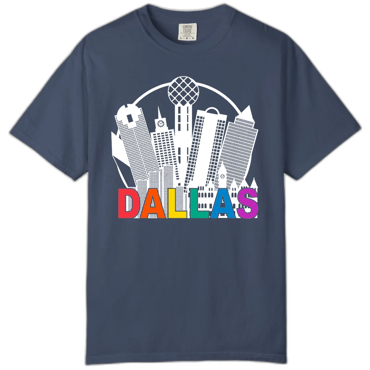 Dallas skyline illustration with Reunion Tower and iconic buildings in white, with 'DALLAS' text in rainbow pride colors below in Midnight