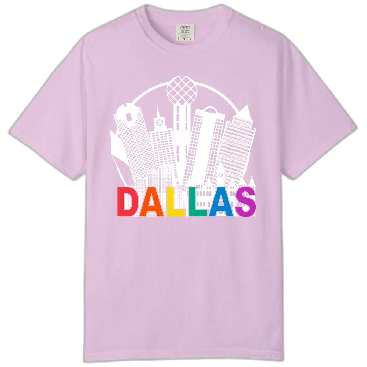 Dallas skyline illustration with Reunion Tower and iconic buildings in white, with 'DALLAS' text in rainbow pride colors below in Orchid