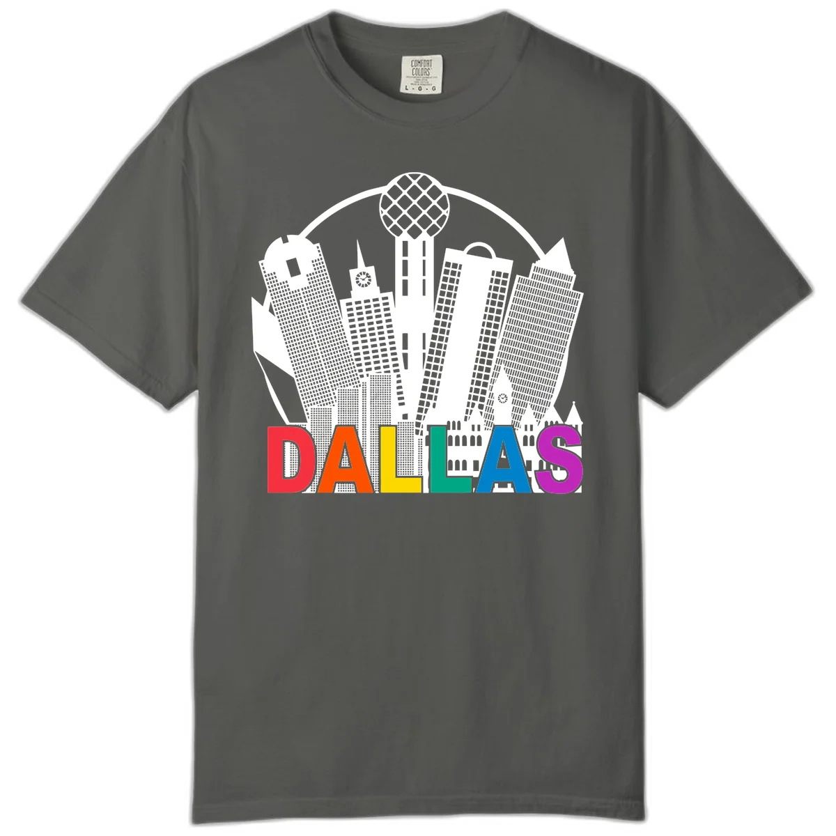 Dallas skyline illustration with Reunion Tower and iconic buildings in white, with 'DALLAS' text in rainbow pride colors below in Pepper