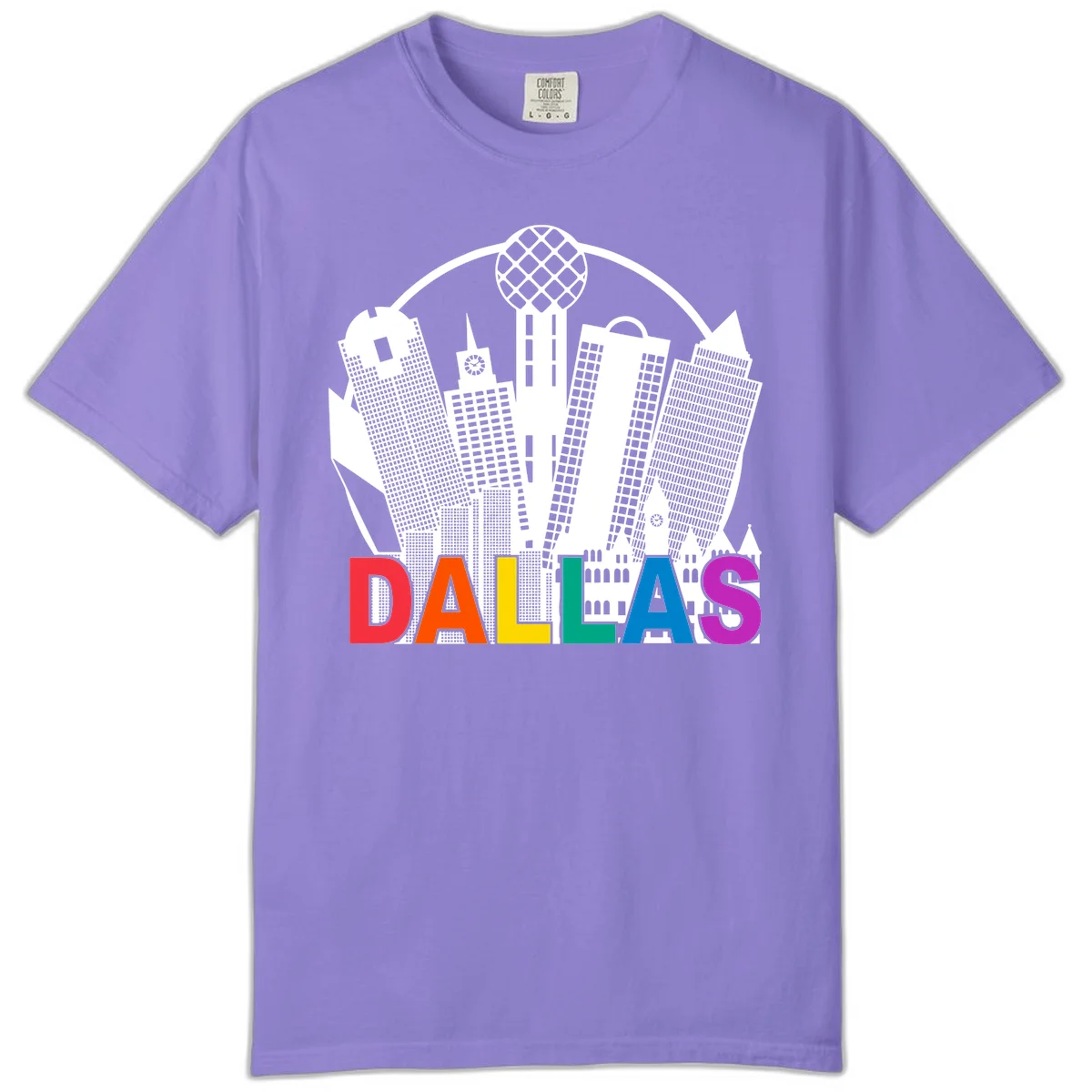 Dallas skyline illustration with Reunion Tower and iconic buildings in white, with 'DALLAS' text in rainbow pride colors below in Violet