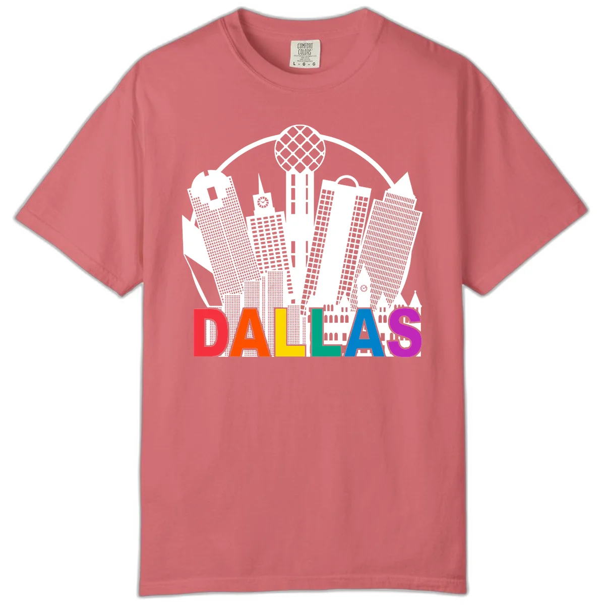 Dallas skyline illustration with Reunion Tower and iconic buildings in white, with 'DALLAS' text in rainbow pride colors below in Watermelon