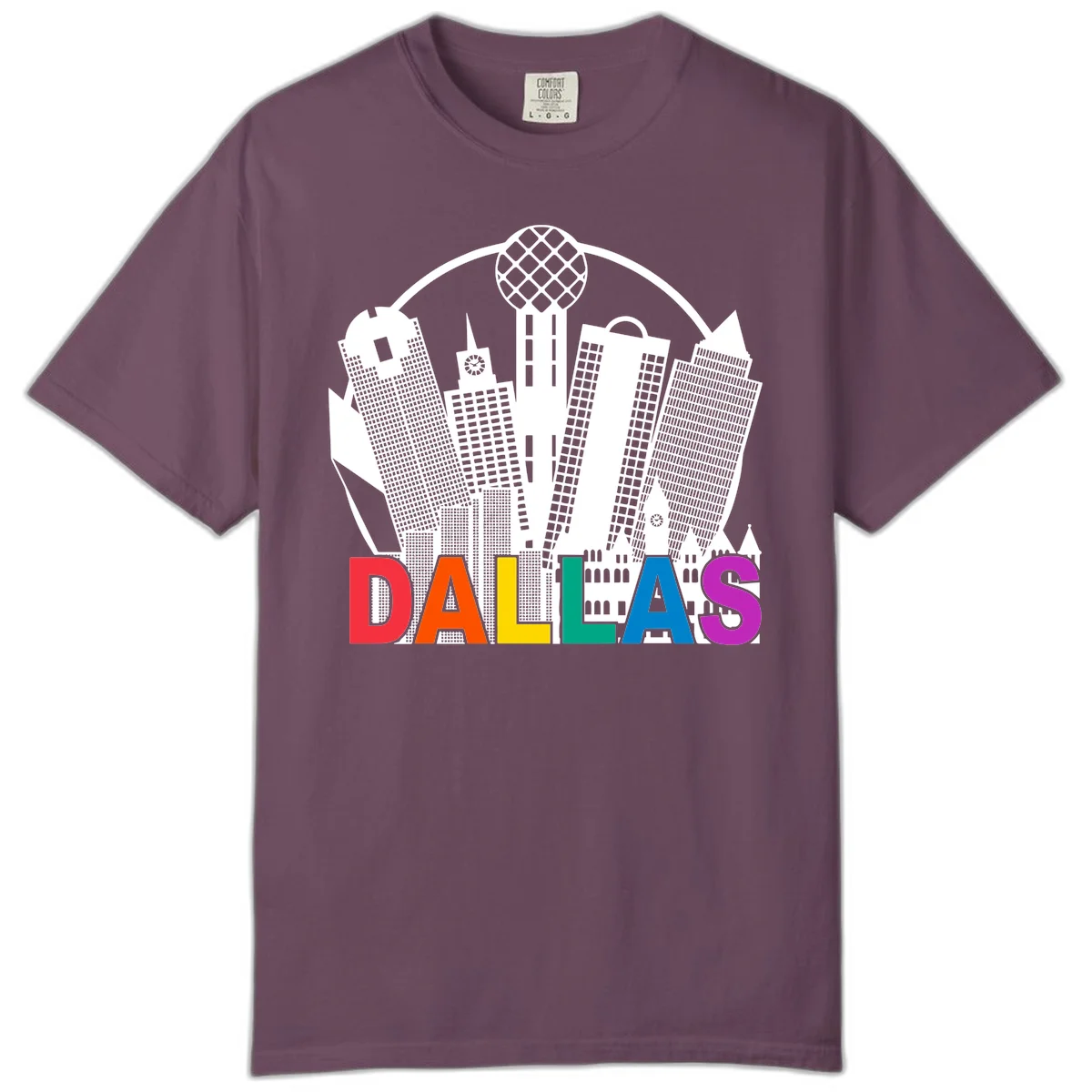 Dallas skyline illustration with Reunion Tower and iconic buildings in white, with 'DALLAS' text in rainbow pride colors below in Berry