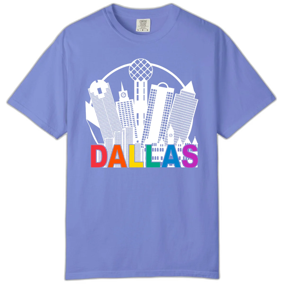 Dallas skyline illustration with Reunion Tower and iconic buildings in white, with 'DALLAS' text in rainbow pride colors below in Flo Blue