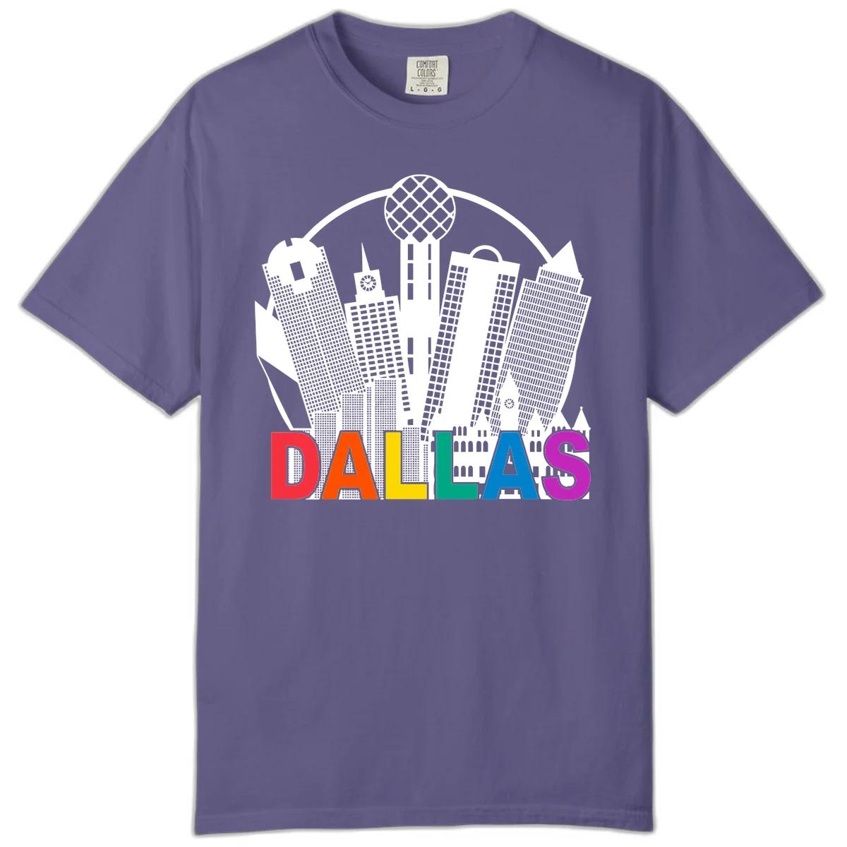 Dallas skyline illustration with Reunion Tower and iconic buildings in white, with 'DALLAS' text in rainbow pride colors below in Grape