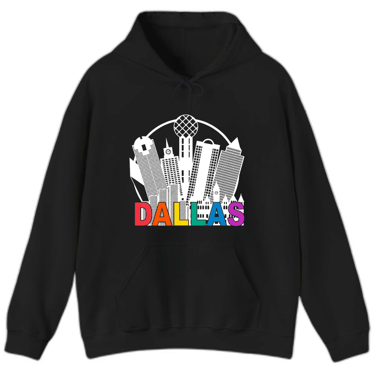 Dallas skyline illustration with Reunion Tower and iconic buildings in white, with 'DALLAS' text in rainbow pride colors below in Black