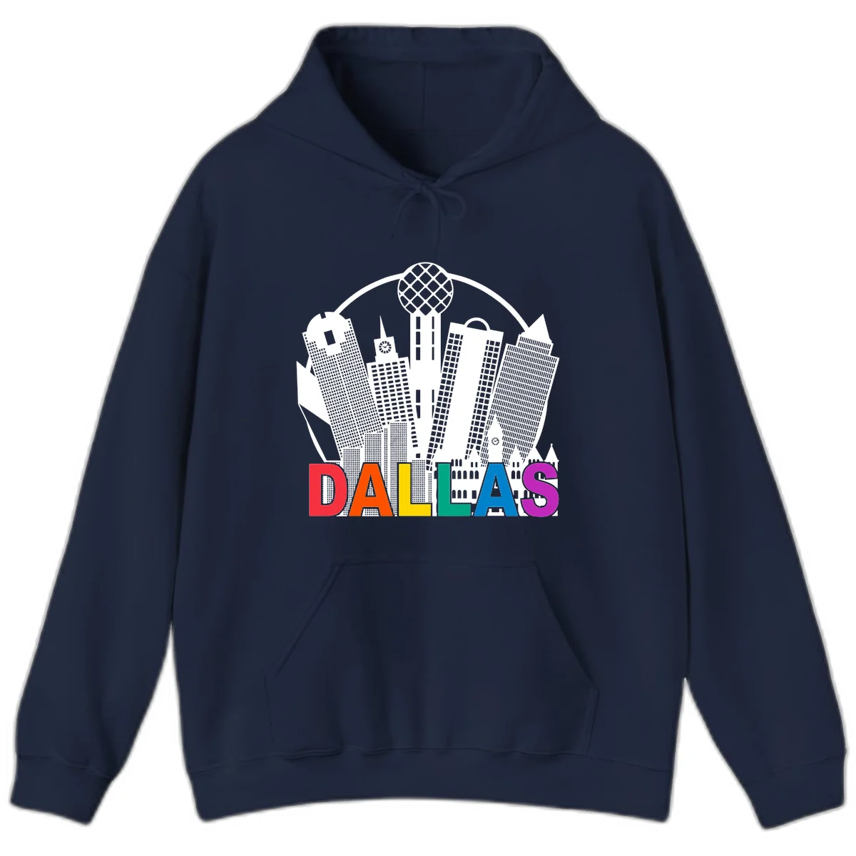 Dallas skyline illustration with Reunion Tower and iconic buildings in white, with 'DALLAS' text in rainbow pride colors below in Navy