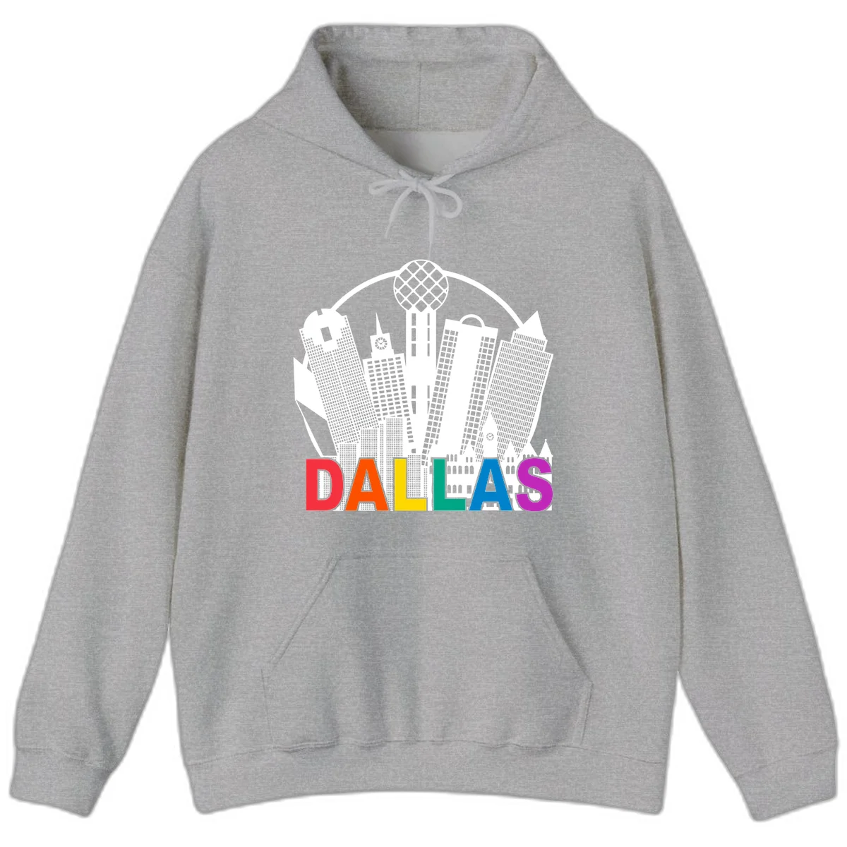 Dallas skyline illustration with Reunion Tower and iconic buildings in white, with 'DALLAS' text in rainbow pride colors below in Sport Grey