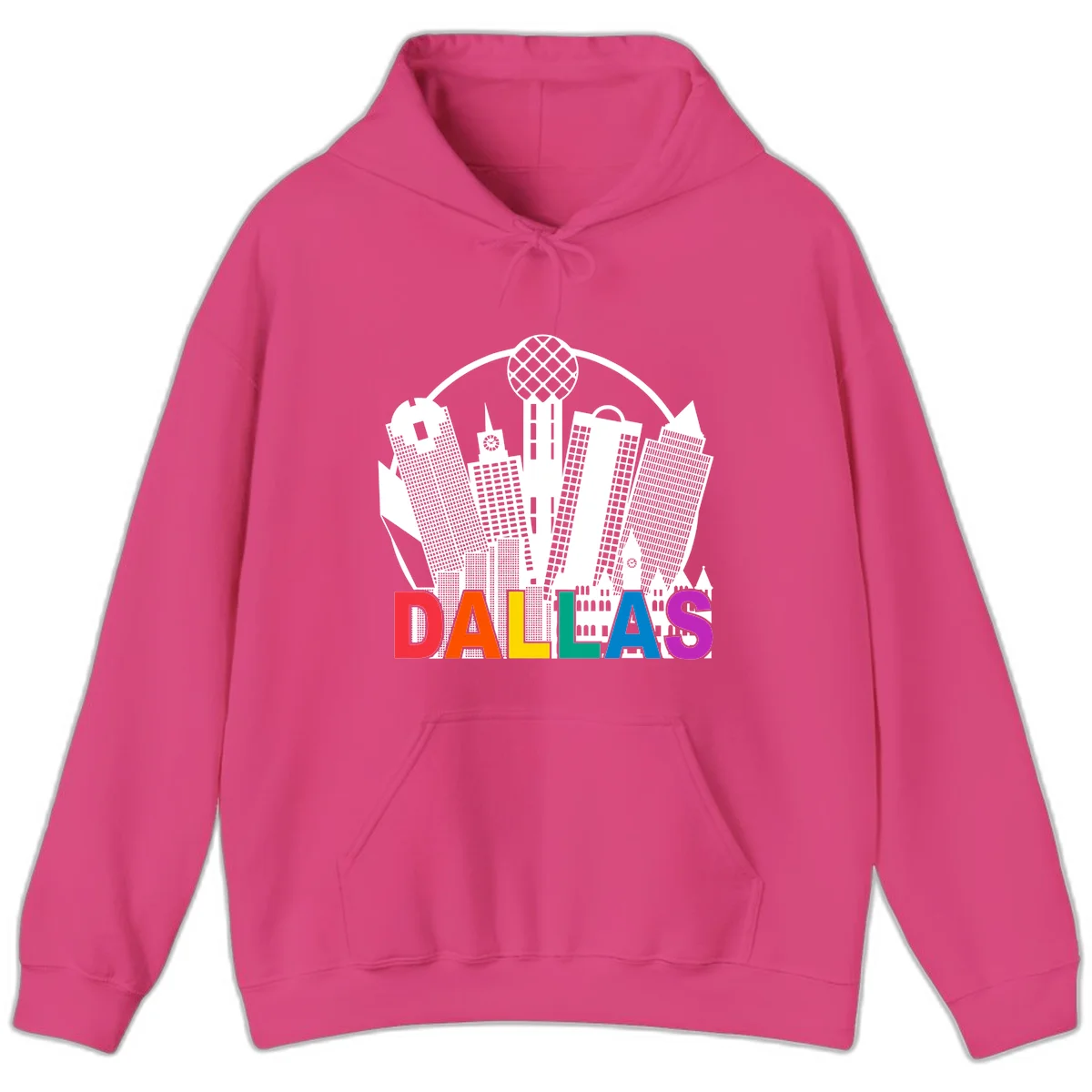 Dallas skyline illustration with Reunion Tower and iconic buildings in white, with 'DALLAS' text in rainbow pride colors below in Heliconia