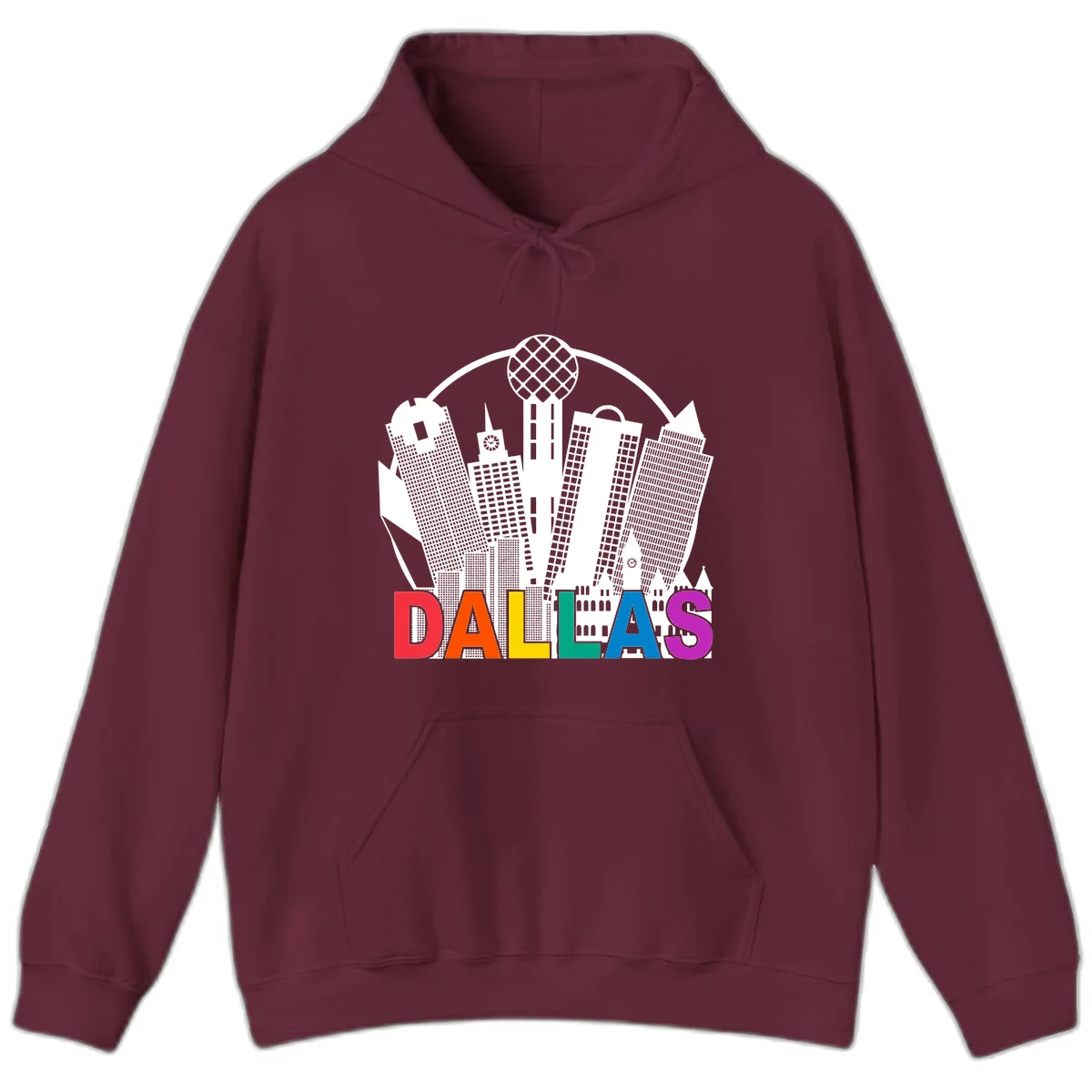 Dallas skyline illustration with Reunion Tower and iconic buildings in white, with 'DALLAS' text in rainbow pride colors below in Maroon