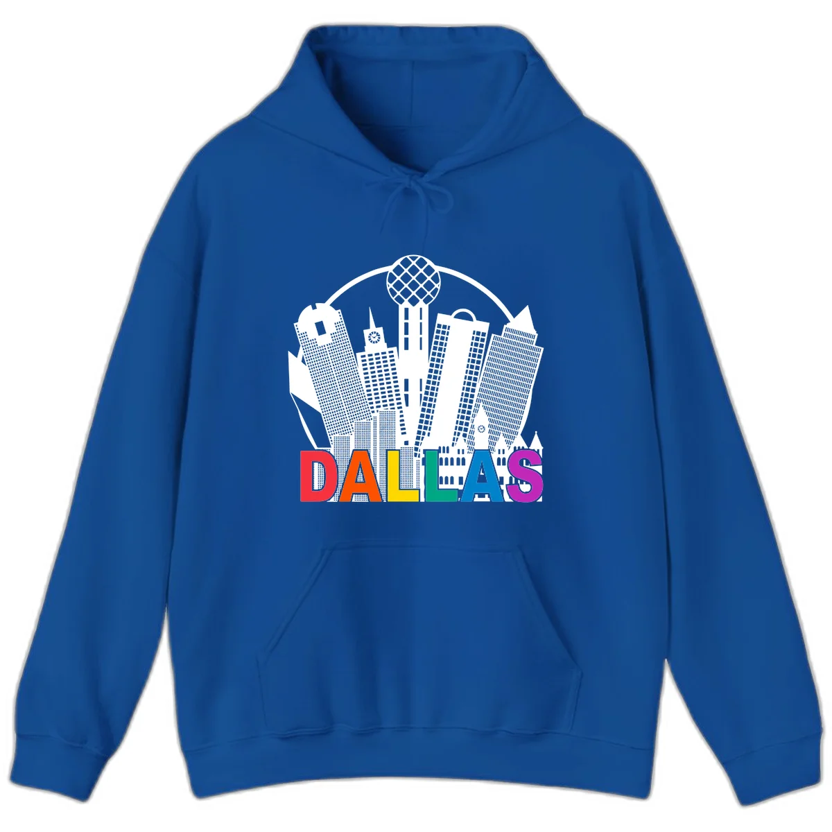 Dallas skyline illustration with Reunion Tower and iconic buildings in white, with 'DALLAS' text in rainbow pride colors below in Royal