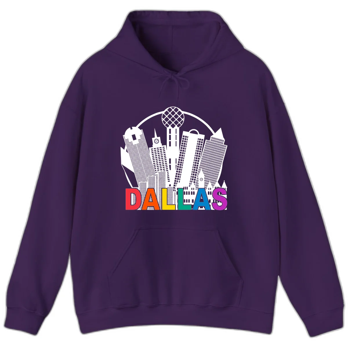 Dallas skyline illustration with Reunion Tower and iconic buildings in white, with 'DALLAS' text in rainbow pride colors below in Purple