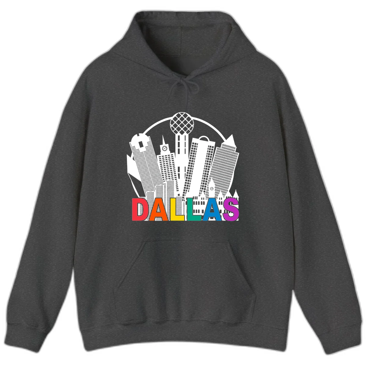 Dallas skyline illustration with Reunion Tower and iconic buildings in white, with 'DALLAS' text in rainbow pride colors below in Dark Heather