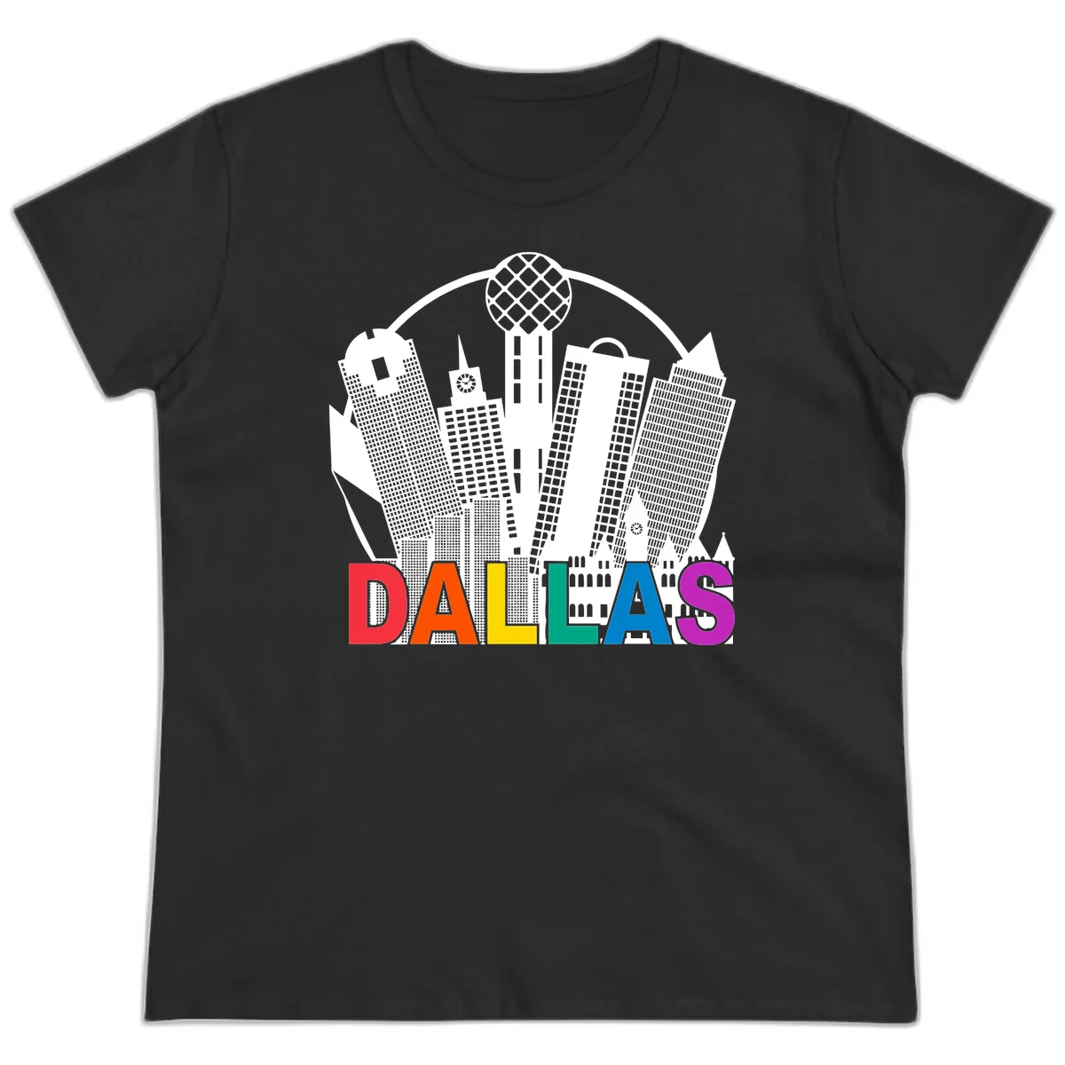Dallas skyline illustration with Reunion Tower and iconic buildings in white, with 'DALLAS' text in rainbow pride colors below in Black