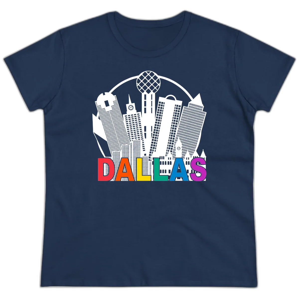 Dallas skyline illustration with Reunion Tower and iconic buildings in white, with 'DALLAS' text in rainbow pride colors below in Navy