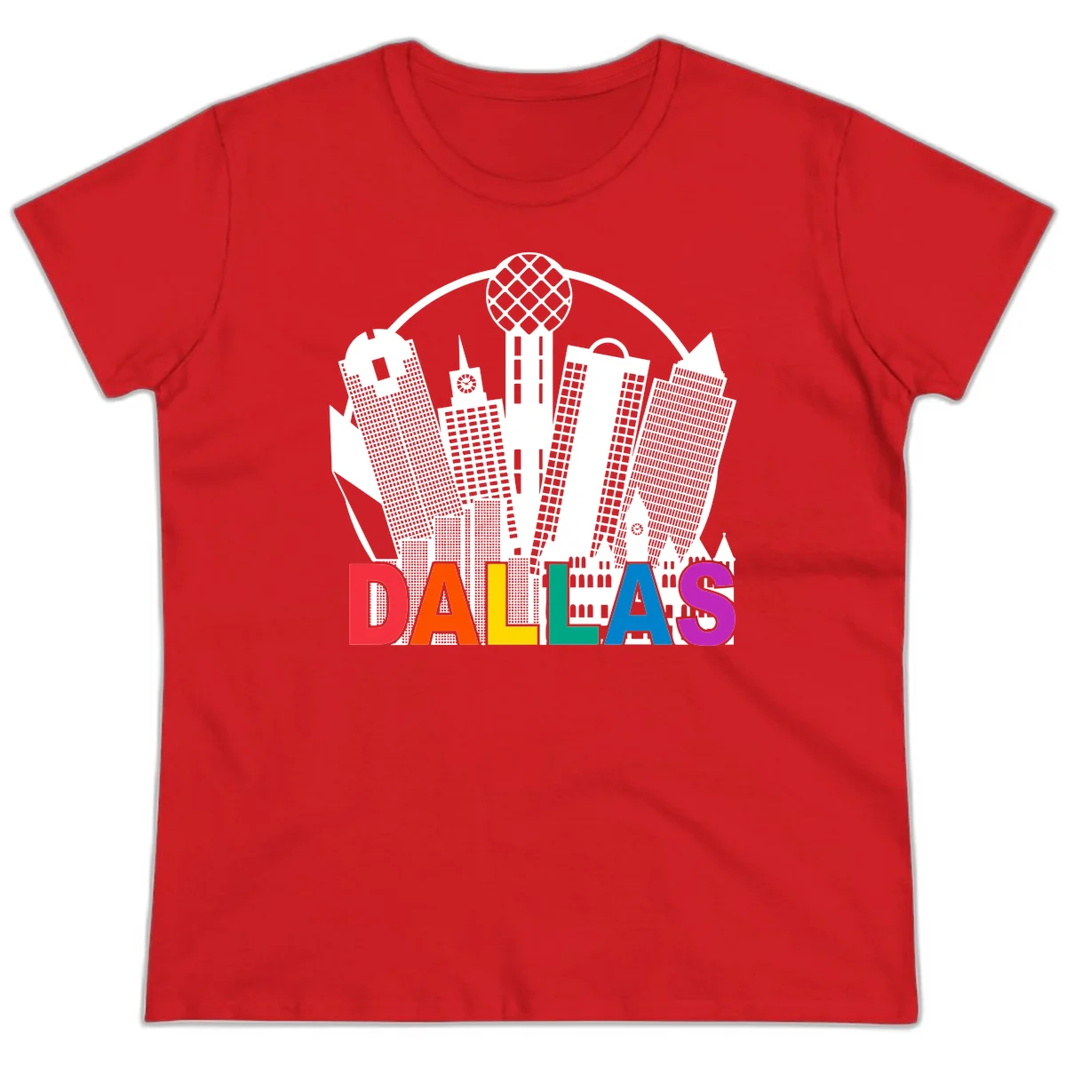 Dallas skyline illustration with Reunion Tower and iconic buildings in white, with 'DALLAS' text in rainbow pride colors below in Red