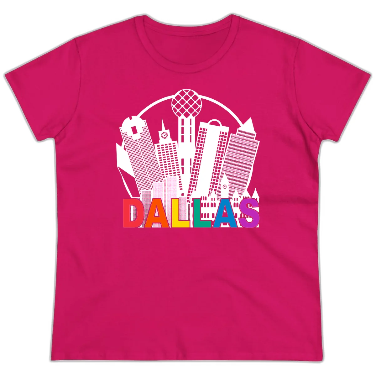 Dallas skyline illustration with Reunion Tower and iconic buildings in white, with 'DALLAS' text in rainbow pride colors below in Heliconia