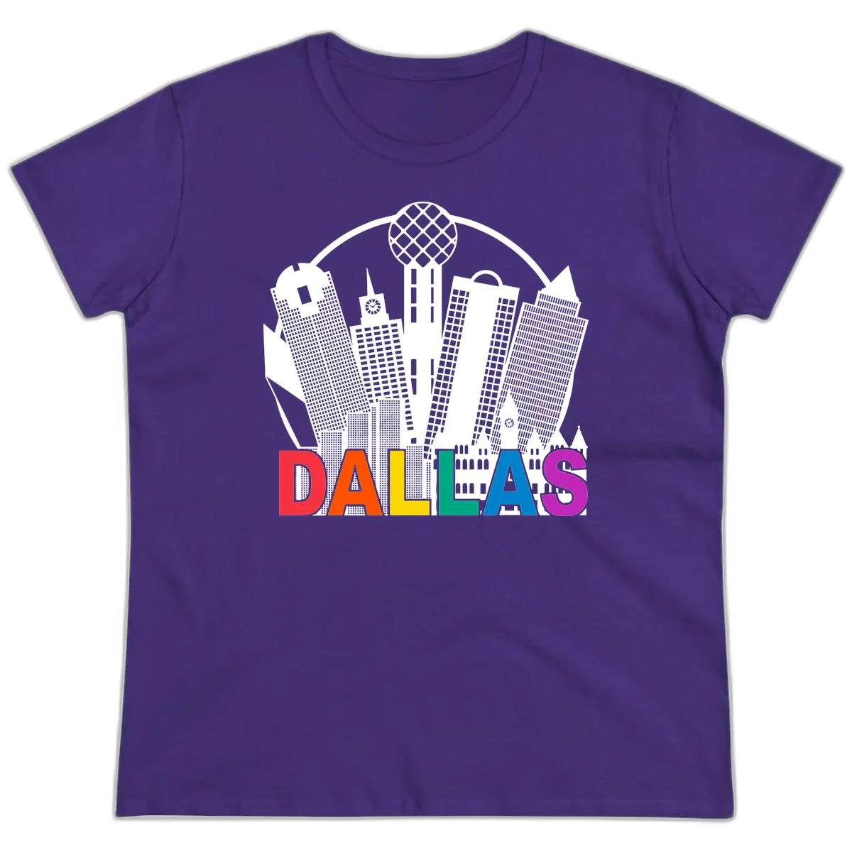 Dallas skyline illustration with Reunion Tower and iconic buildings in white, with 'DALLAS' text in rainbow pride colors below in Purple