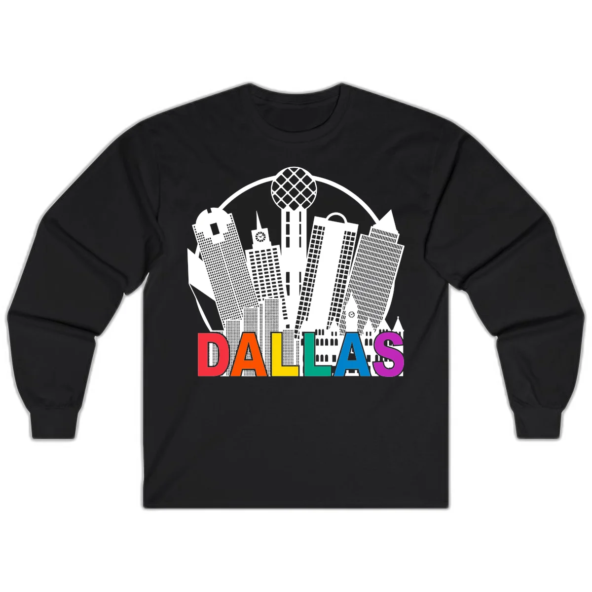 Dallas skyline illustration with Reunion Tower and iconic buildings in white, with 'DALLAS' text in rainbow pride colors below in Black