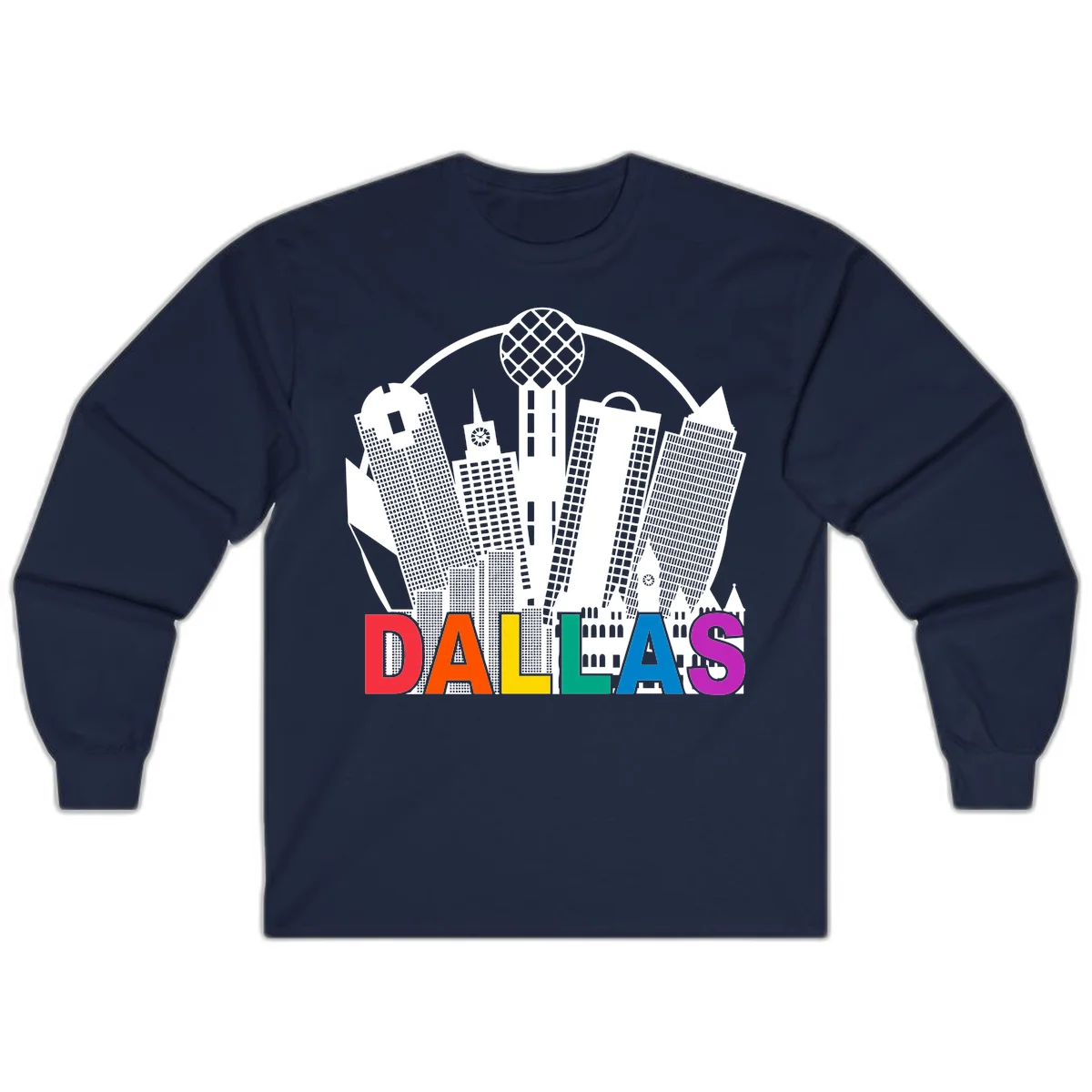 Dallas skyline illustration with Reunion Tower and iconic buildings in white, with 'DALLAS' text in rainbow pride colors below in Navy