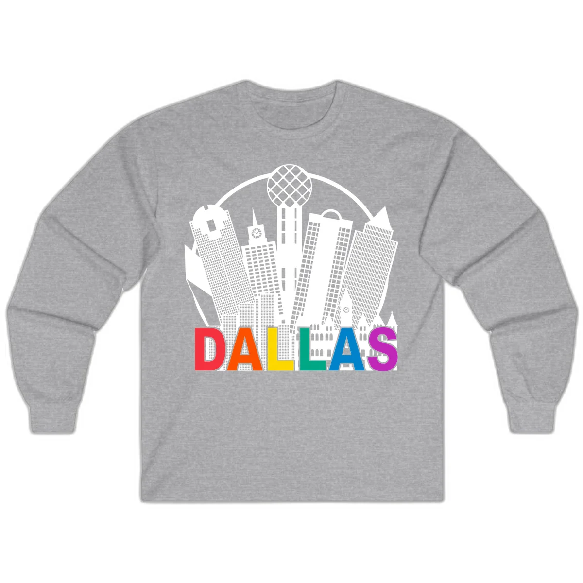Dallas skyline illustration with Reunion Tower and iconic buildings in white, with 'DALLAS' text in rainbow pride colors below in Sport Grey