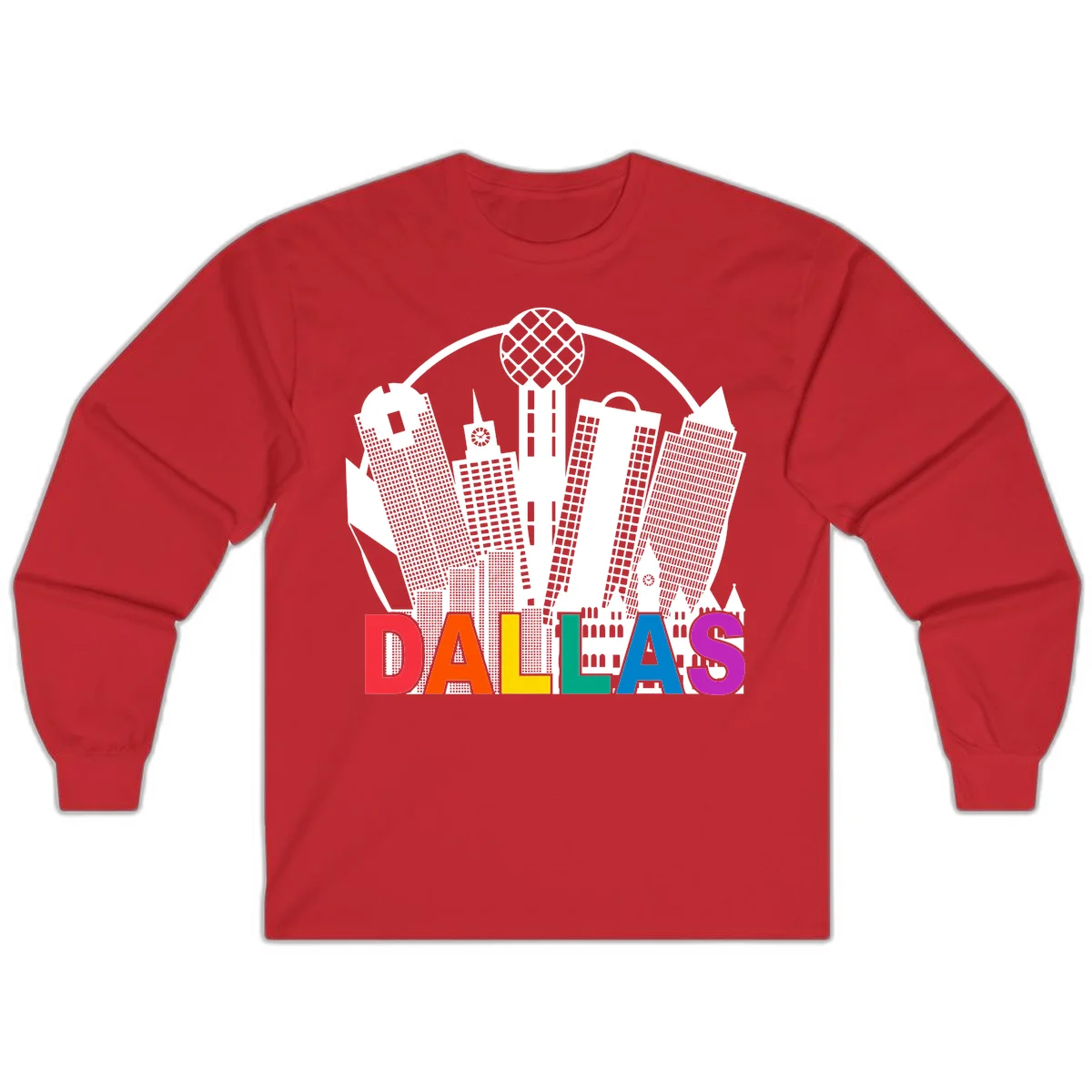 Dallas skyline illustration with Reunion Tower and iconic buildings in white, with 'DALLAS' text in rainbow pride colors below in Red