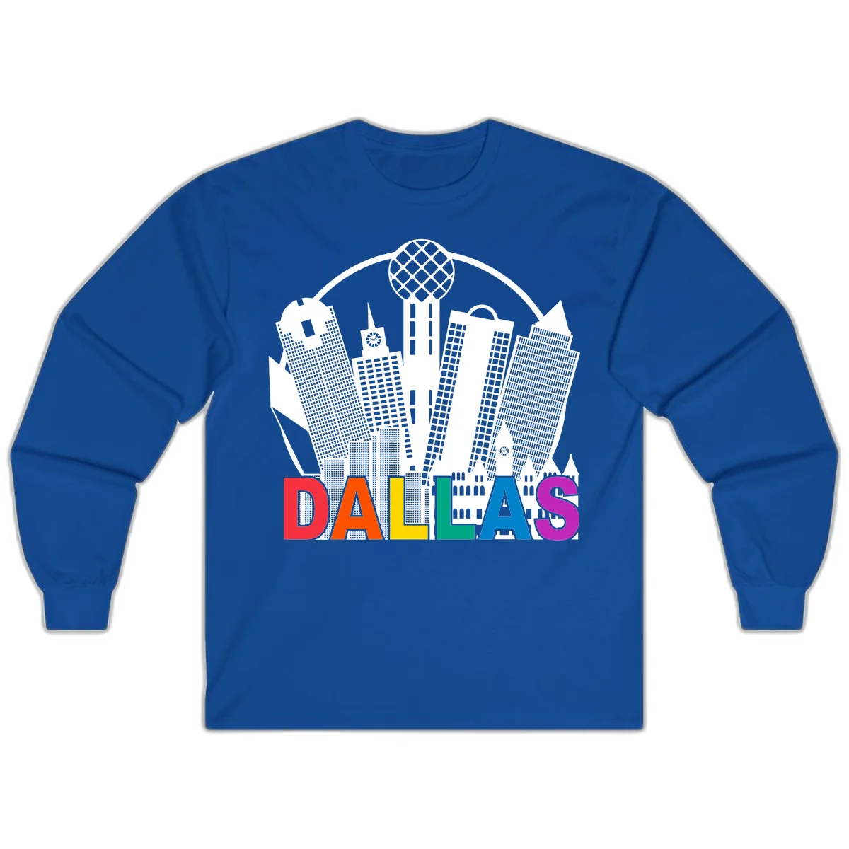 Dallas skyline illustration with Reunion Tower and iconic buildings in white, with 'DALLAS' text in rainbow pride colors below in Royal