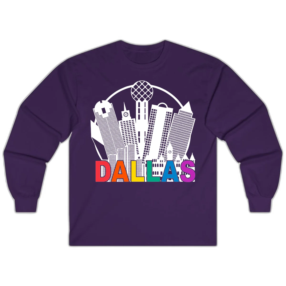 Dallas skyline illustration with Reunion Tower and iconic buildings in white, with 'DALLAS' text in rainbow pride colors below in Purple