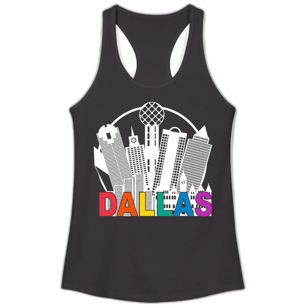 Dallas skyline illustration with Reunion Tower and iconic buildings in white, with 'DALLAS' text in rainbow pride colors below in Black