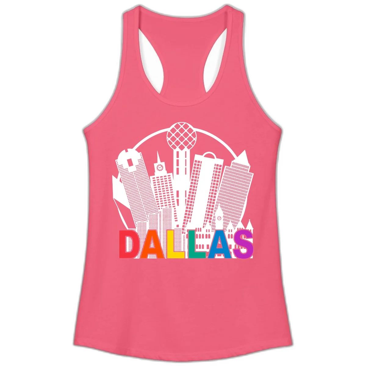 Dallas skyline illustration with Reunion Tower and iconic buildings in white, with 'DALLAS' text in rainbow pride colors below in Hot Pink