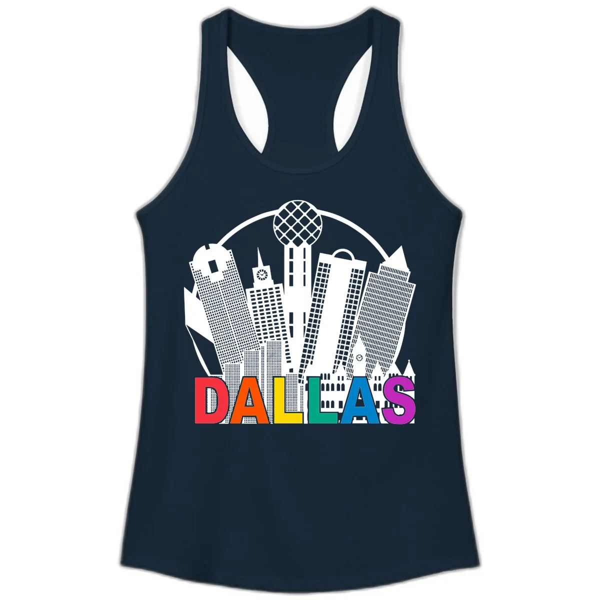 Dallas skyline illustration with Reunion Tower and iconic buildings in white, with 'DALLAS' text in rainbow pride colors below in Solid Midnight Navy