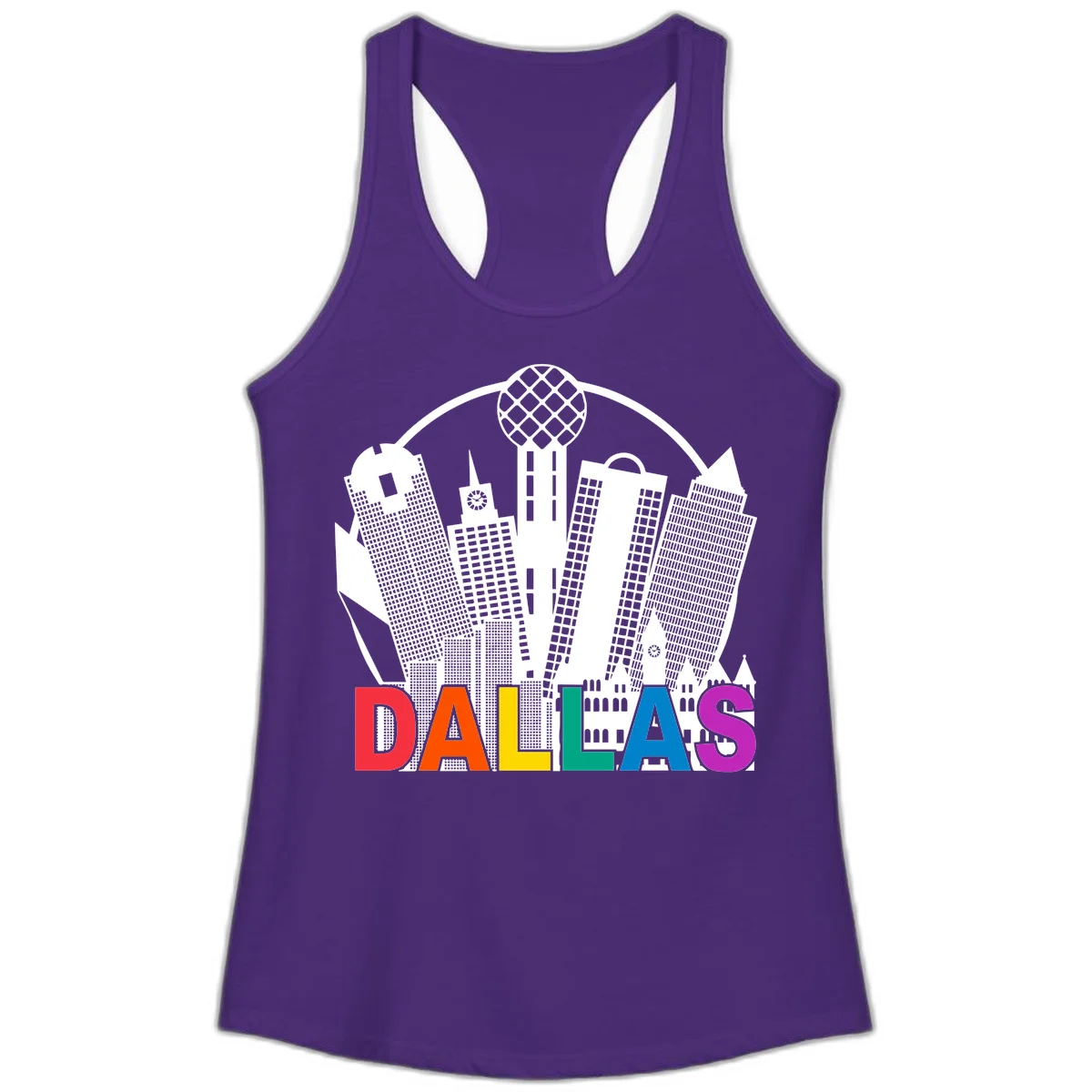 Dallas skyline illustration with Reunion Tower and iconic buildings in white, with 'DALLAS' text in rainbow pride colors below in Solid Purple Rush