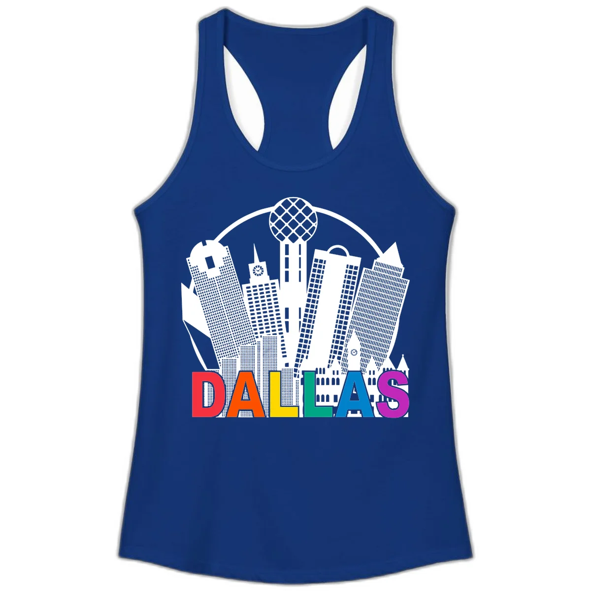 Dallas skyline illustration with Reunion Tower and iconic buildings in white, with 'DALLAS' text in rainbow pride colors below in Solid Royal