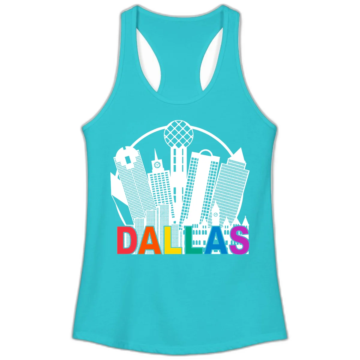 Dallas skyline illustration with Reunion Tower and iconic buildings in white, with 'DALLAS' text in rainbow pride colors below in Solid Tahiti Blue