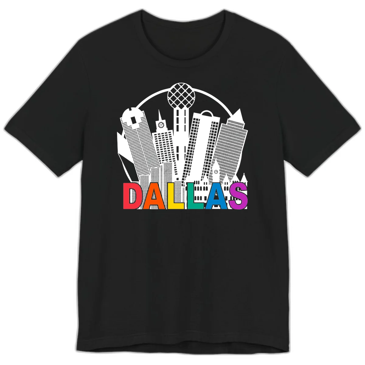 Dallas skyline illustration with Reunion Tower and iconic buildings in white, with 'DALLAS' text in rainbow pride colors below in Black