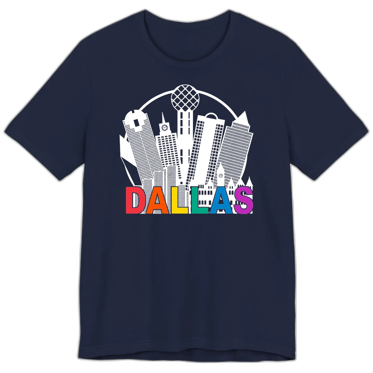Dallas skyline illustration with Reunion Tower and iconic buildings in white, with 'DALLAS' text in rainbow pride colors below in Navy