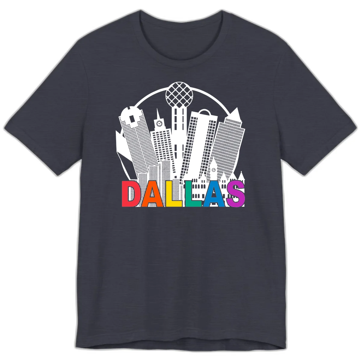 Dallas skyline illustration with Reunion Tower and iconic buildings in white, with 'DALLAS' text in rainbow pride colors below in Heather Midnight Navy