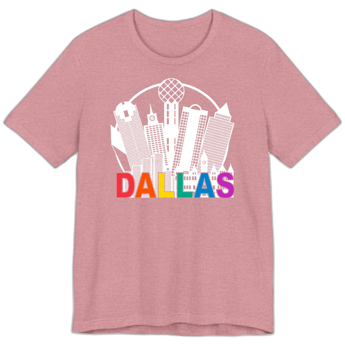Dallas skyline illustration with Reunion Tower and iconic buildings in white, with 'DALLAS' text in rainbow pride colors below in Heather Orchid