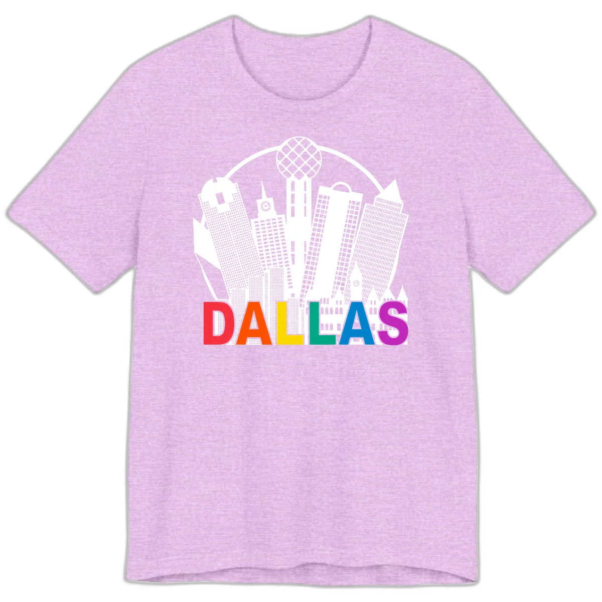 Dallas skyline illustration with Reunion Tower and iconic buildings in white, with 'DALLAS' text in rainbow pride colors below in Heather Prism Lilac