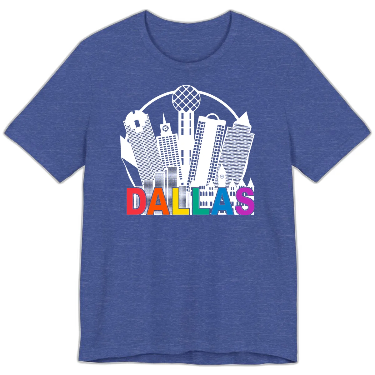 Dallas skyline illustration with Reunion Tower and iconic buildings in white, with 'DALLAS' text in rainbow pride colors below in Heather True Royal